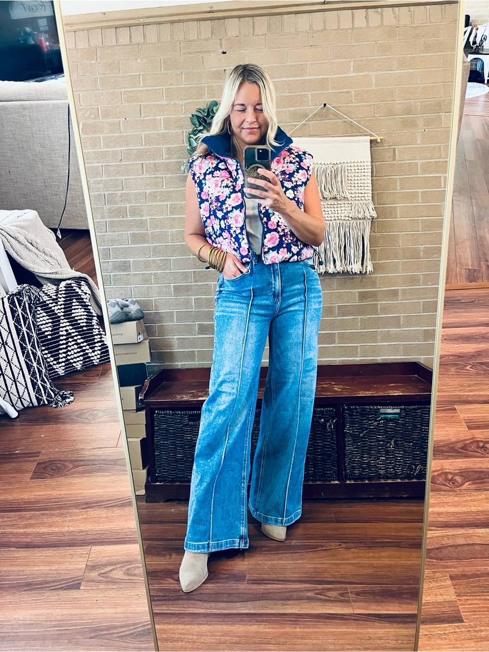 Simply Southern Navy Floral Puffer Vest with Pink Flowers